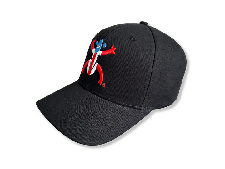 Stylish Black Broqui hat featuring the iconic Coquí symbol in Puerto Rico colors, inspired by Puerto Rican heritage.