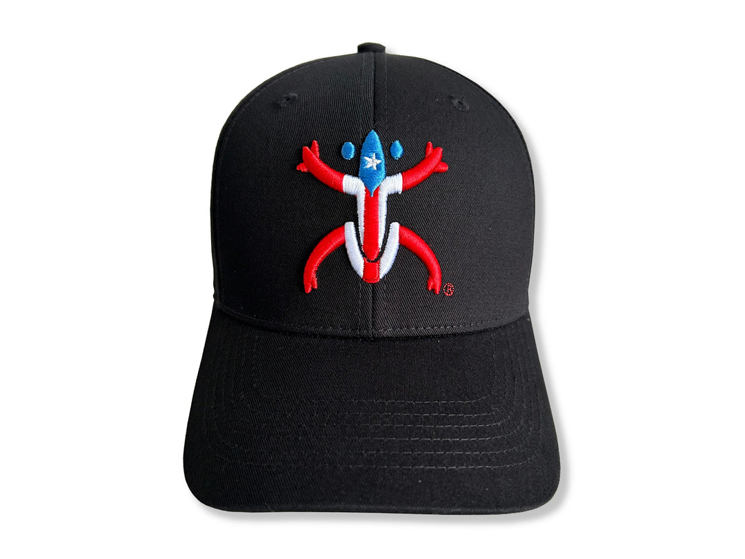 Stylish Black Broqui hat featuring the iconic Coquí symbol in Puerto Rico colors, inspired by Puerto Rican heritage.