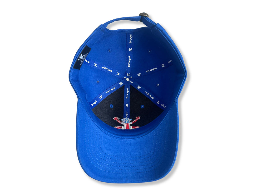 Stylish Blue Broqui hat featuring the iconic Coquí symbol in Puerto Rico colors, inspired by Puerto Rican heritage.