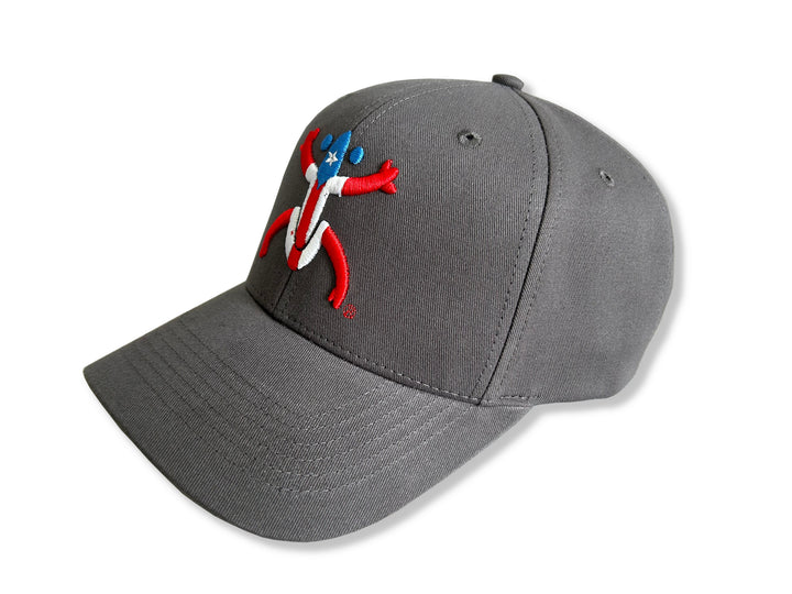 Stylish Gray Broqui hat featuring the iconic Coquí symbol in Puerto Rico colors, inspired by Puerto Rican heritage.