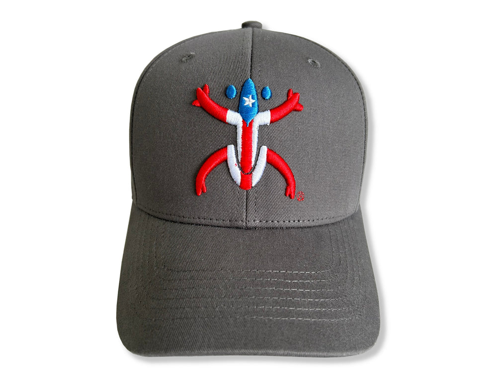 Stylish Gray Broqui hat featuring the iconic Coquí symbol in Puerto Rico colors, inspired by Puerto Rican heritage.