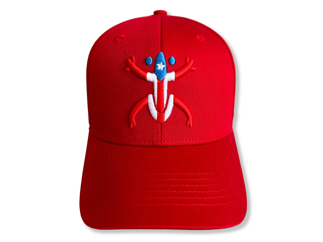 Stylish Red Broqui hat featuring the iconic Coquí symbol in Puerto Rico colors, inspired by Puerto Rican heritage.