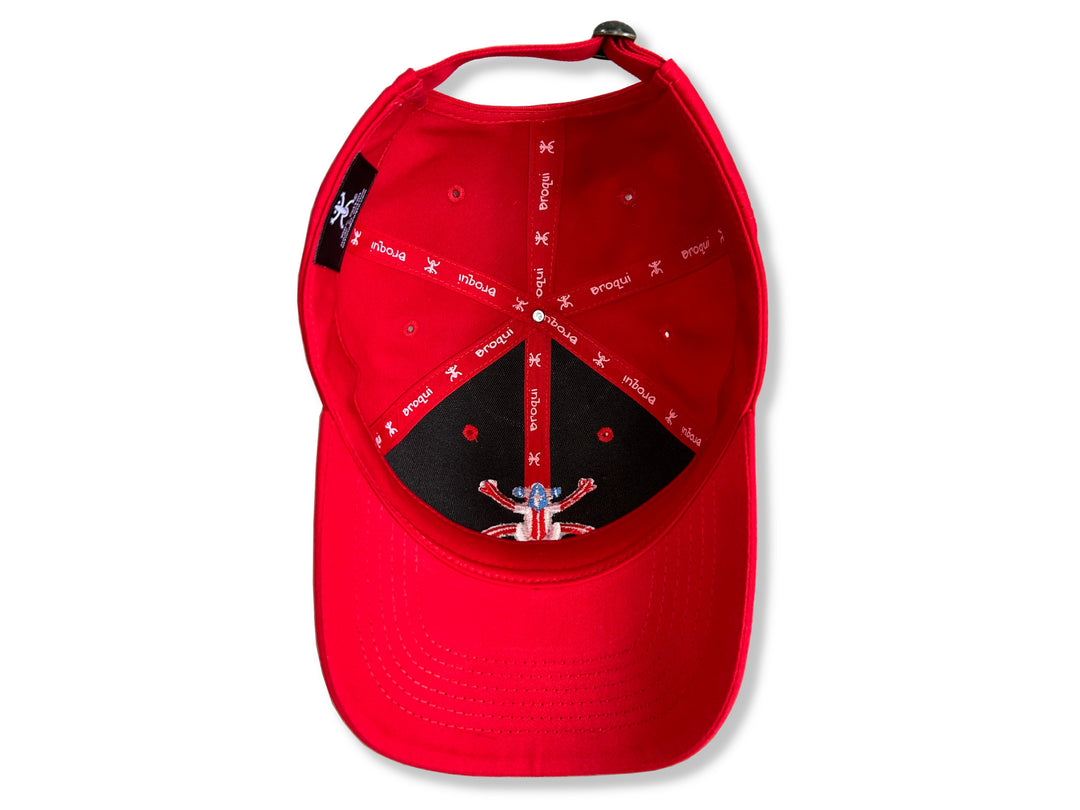 Stylish Red Broqui hat featuring the iconic Coquí symbol in Puerto Rico colors, inspired by Puerto Rican heritage.