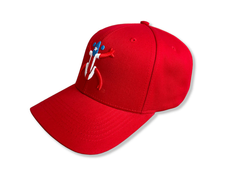 Stylish Red Broqui hat featuring the iconic Coquí symbol in Puerto Rico colors, inspired by Puerto Rican heritage.