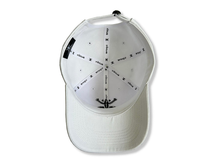 Stylish White Broqui hat featuring the iconic Coquí symbol in Black, inspired by Puerto Rican heritage.